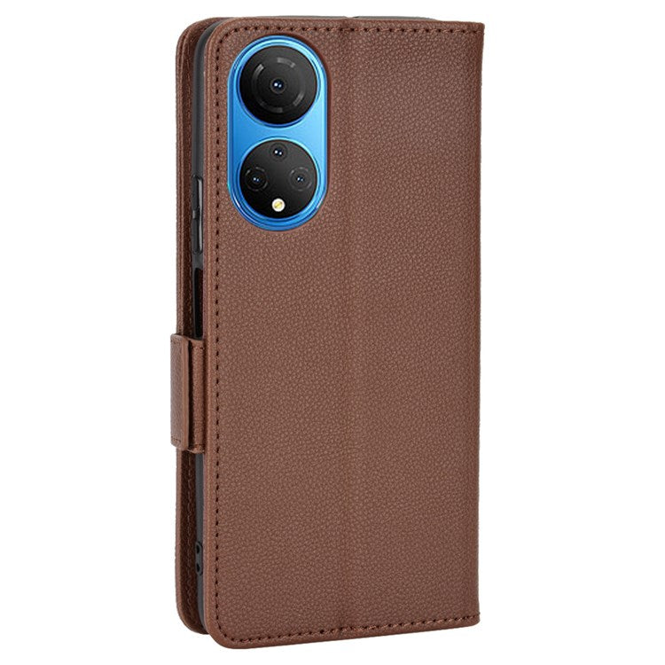 For Honor X7 Litchi Texture Magnetic Closure Wear-resistant Drop-proof Case Leather Stand Wallet Style Cell Phone Shell - Brown