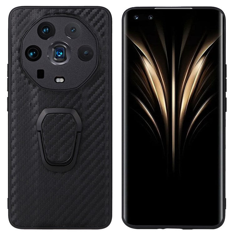 Ring Kickstand Phone Case for Honor Magic4 Ultimate, PU Leather Coated TPU + PC Cover with Car Mount Metal Sheet - Carbon Fiber Texture