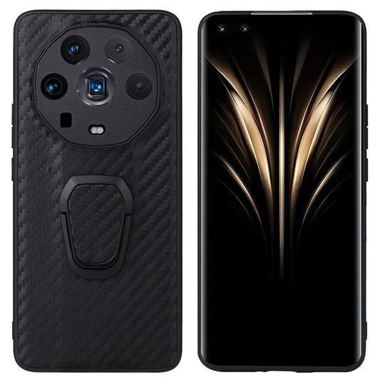 Ring Kickstand Phone Case for Honor Magic4 Ultimate, PU Leather Coated TPU + PC Cover with Car Mount Metal Sheet - Carbon Fiber Texture