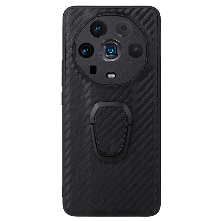 Ring Kickstand Phone Case for Honor Magic4 Ultimate, PU Leather Coated TPU + PC Cover with Car Mount Metal Sheet - Carbon Fiber Texture