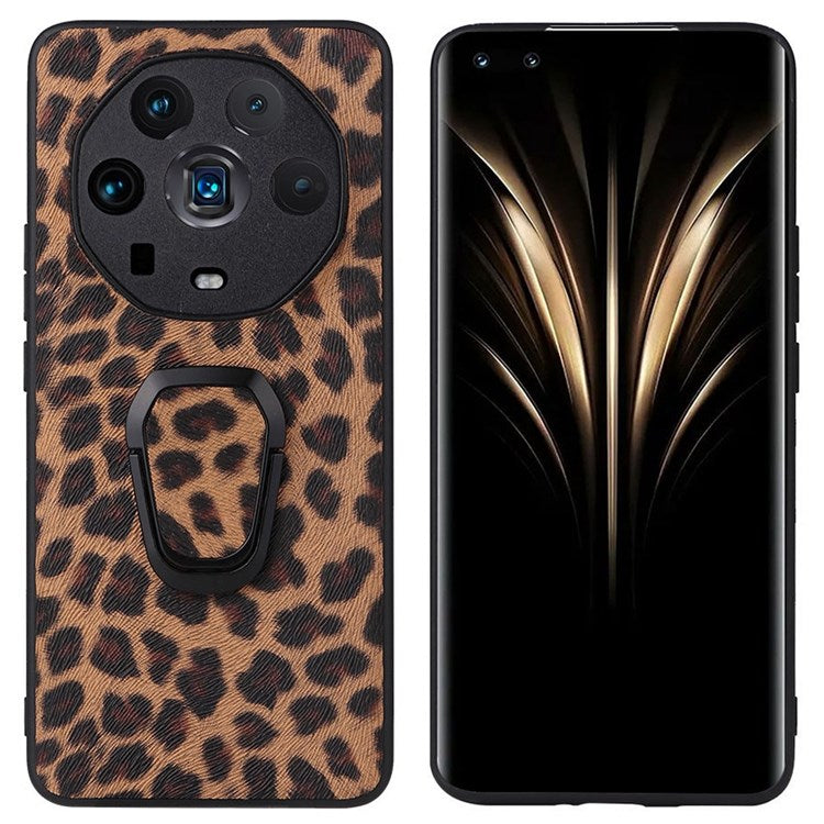 Ring Kickstand Phone Case for Honor Magic4 Ultimate, PU Leather Coated TPU + PC Cover with Car Mount Metal Sheet - Leopard