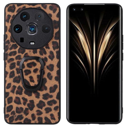 Ring Kickstand Phone Case for Honor Magic4 Ultimate, PU Leather Coated TPU + PC Cover with Car Mount Metal Sheet - Leopard