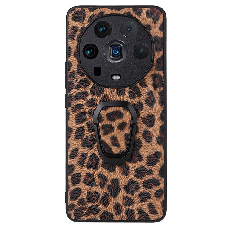 Ring Kickstand Phone Case for Honor Magic4 Ultimate, PU Leather Coated TPU + PC Cover with Car Mount Metal Sheet - Leopard