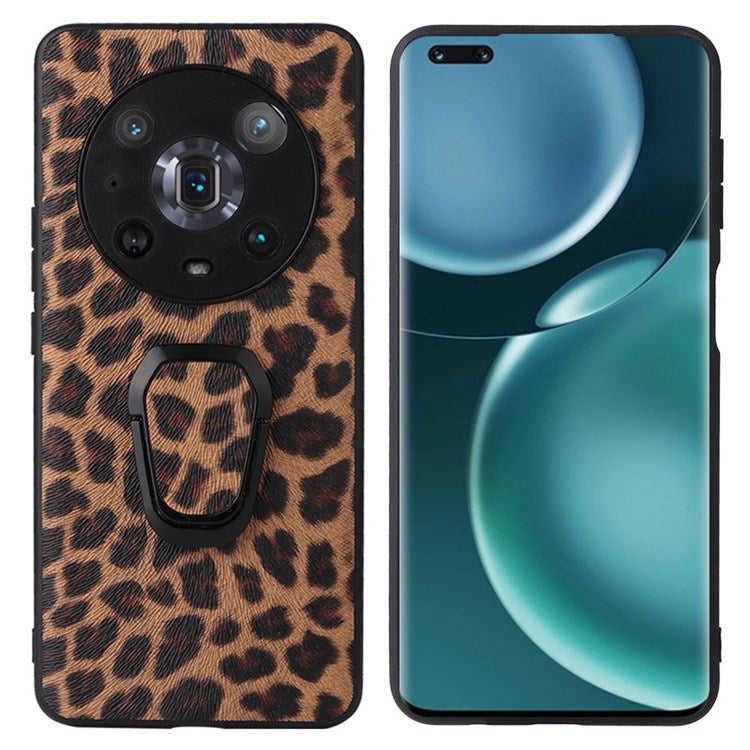 Ring Kickstand Phone Case for Honor Magic4 Pro, Anti-drop Textured PU Leather + TPU + PC Cover with Built-in Metal Sheet - Leopard Texture