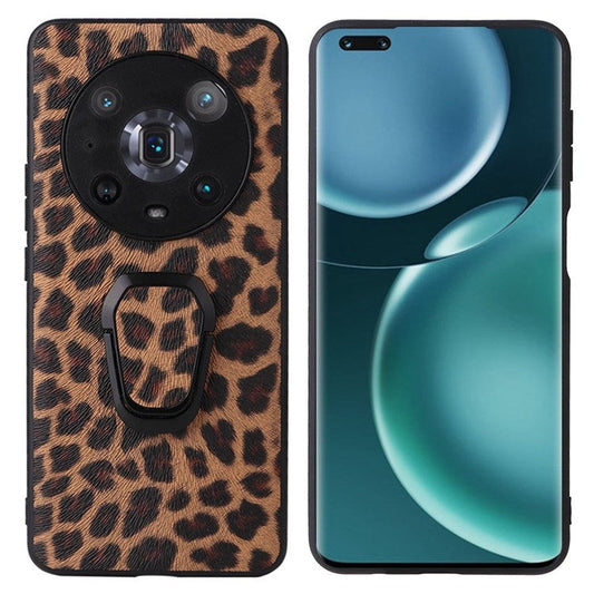 Ring Kickstand Phone Case for Honor Magic4 Pro, Anti-drop Textured PU Leather + TPU + PC Cover with Built-in Metal Sheet - Leopard Texture