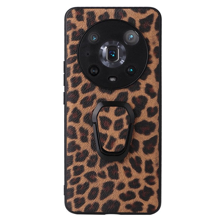 Ring Kickstand Phone Case for Honor Magic4 Pro, Anti-drop Textured PU Leather + TPU + PC Cover with Built-in Metal Sheet - Leopard Texture