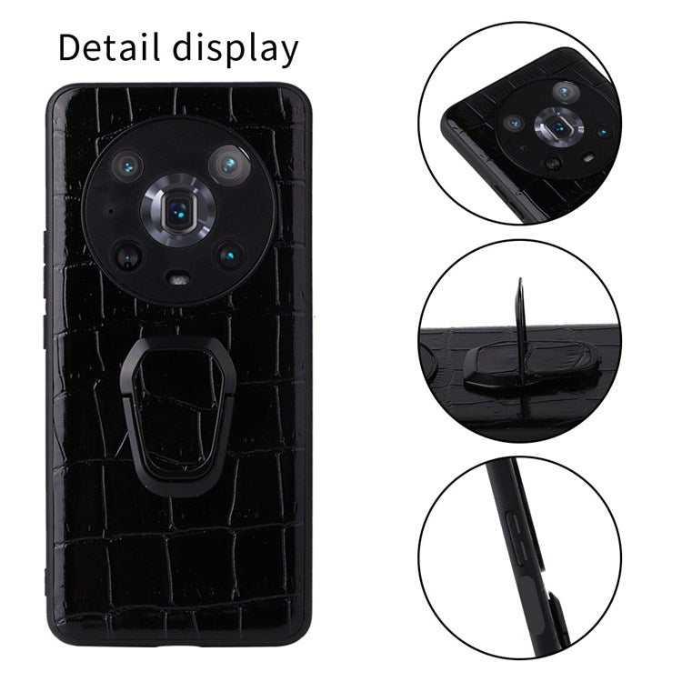 Ring Kickstand Phone Case for Honor Magic4 Pro, Anti-drop Textured PU Leather + TPU + PC Cover with Built-in Metal Sheet - Leopard Texture