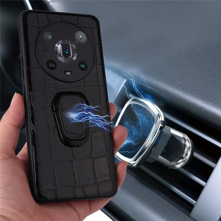 Ring Kickstand Phone Case for Honor Magic4 Pro, Anti-drop Textured PU Leather + TPU + PC Cover with Built-in Metal Sheet - Leopard Texture
