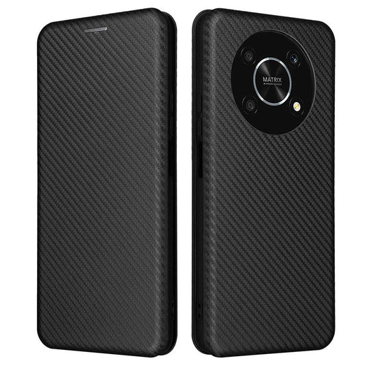 For Honor X9 5G/X30/Magic4 Lite 5G Carbon Fiber Texture PU Leather Soft TPU Folio Flip Cover Card Slot Stand Magnetic Auto-absorbed Case - Black