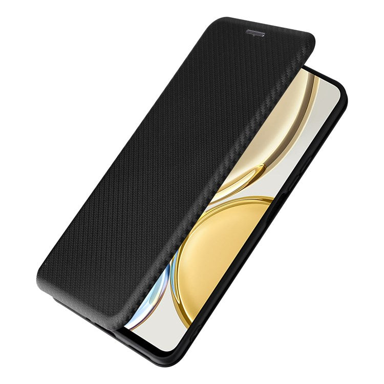 For Honor X9 5G/X30/Magic4 Lite 5G Carbon Fiber Texture PU Leather Soft TPU Folio Flip Cover Card Slot Stand Magnetic Auto-absorbed Case - Black
