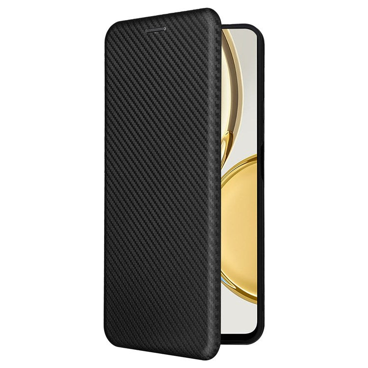 For Honor X9 5G/X30/Magic4 Lite 5G Carbon Fiber Texture PU Leather Soft TPU Folio Flip Cover Card Slot Stand Magnetic Auto-absorbed Case - Black