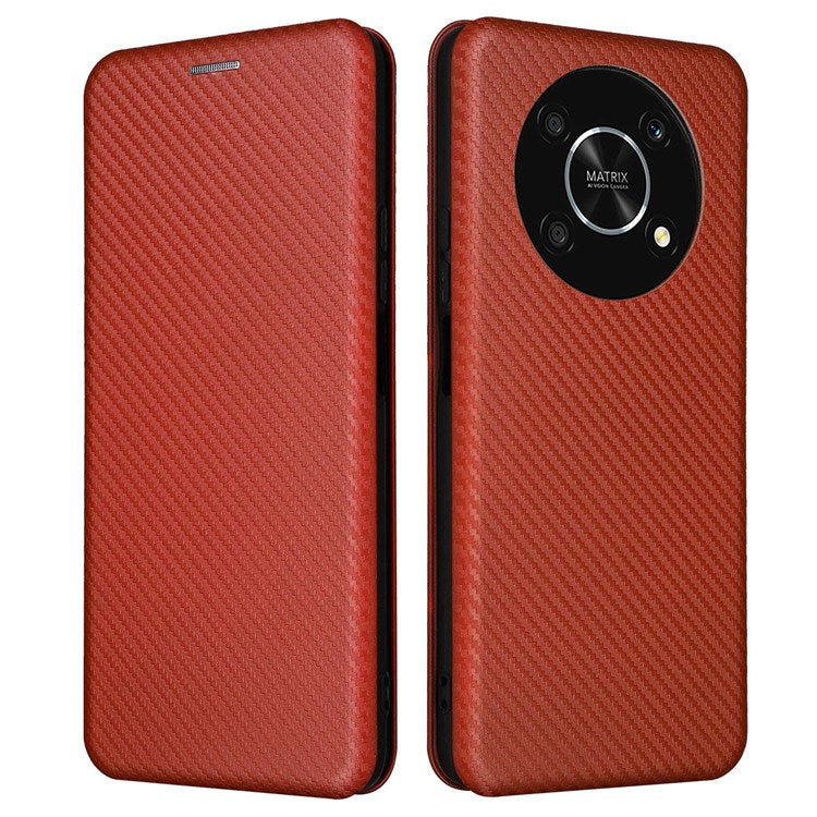 For Honor X9 5G/X30/Magic4 Lite 5G Carbon Fiber Texture PU Leather Soft TPU Folio Flip Cover Card Slot Stand Magnetic Auto-absorbed Case - Orange