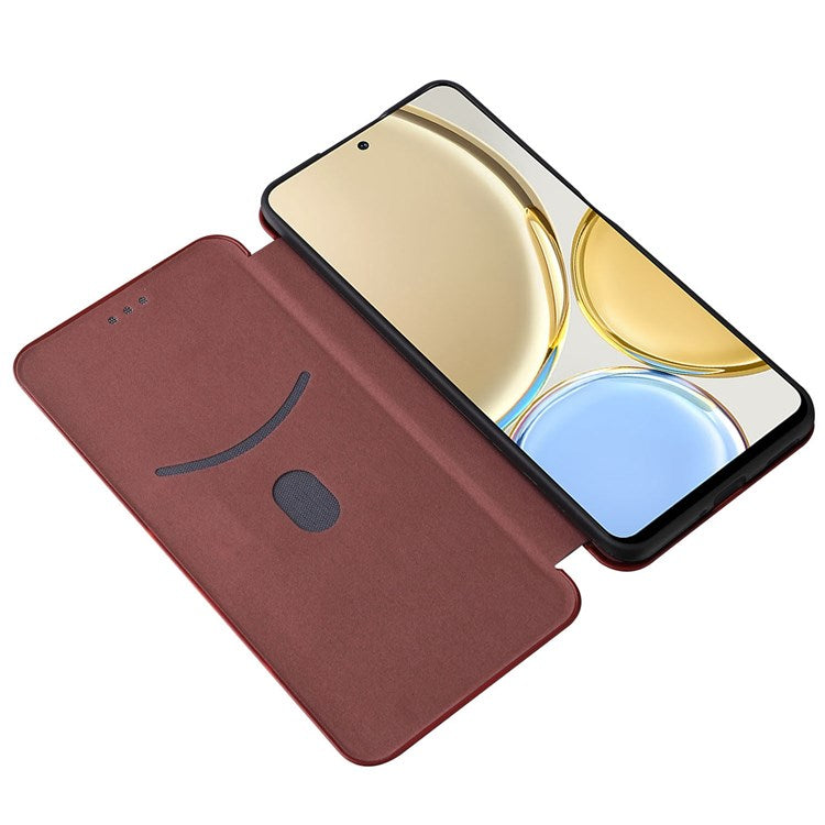 For Honor X9 5G/X30/Magic4 Lite 5G Carbon Fiber Texture PU Leather Soft TPU Folio Flip Cover Card Slot Stand Magnetic Auto-absorbed Case - Orange