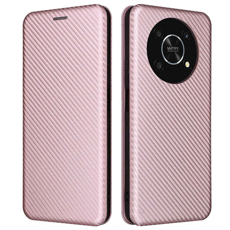 For Honor X9 5G/X30/Magic4 Lite 5G Carbon Fiber Texture PU Leather Soft TPU Folio Flip Cover Card Slot Stand Magnetic Auto-absorbed Case - Rose Gold