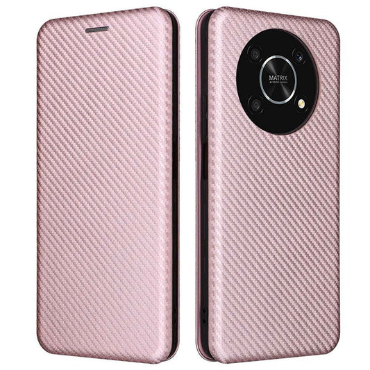 For Honor X9 5G/X30/Magic4 Lite 5G Carbon Fiber Texture PU Leather Soft TPU Folio Flip Cover Card Slot Stand Magnetic Auto-absorbed Case - Rose Gold