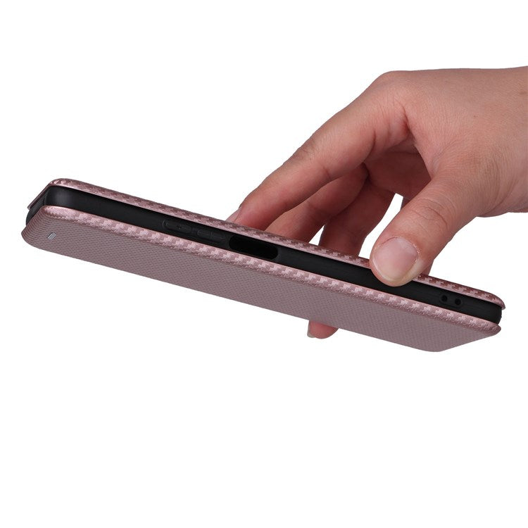 For Honor X9 5G/X30/Magic4 Lite 5G Carbon Fiber Texture PU Leather Soft TPU Folio Flip Cover Card Slot Stand Magnetic Auto-absorbed Case - Rose Gold