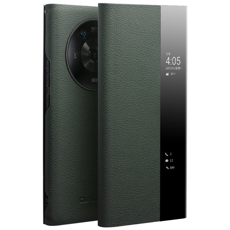 QIALINO View Window Phone Case for Honor Magic4 , Genuine Cowhide Leather Auto Wake/Sleep Anti-drop Cover - Blackish Green