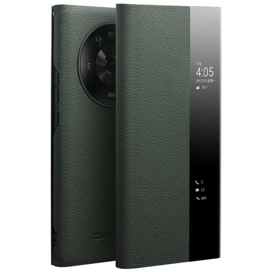 QIALINO View Window Phone Case for Honor Magic4 , Genuine Cowhide Leather Auto Wake/Sleep Anti-drop Cover - Blackish Green