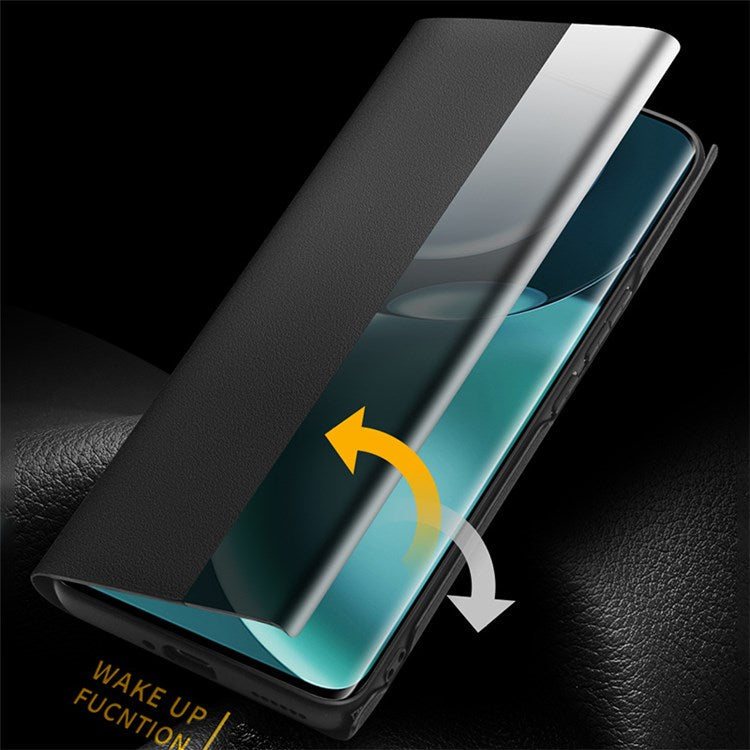 QIALINO View Window Phone Case for Honor Magic4 , Genuine Cowhide Leather Auto Wake/Sleep Anti-drop Cover - Blackish Green