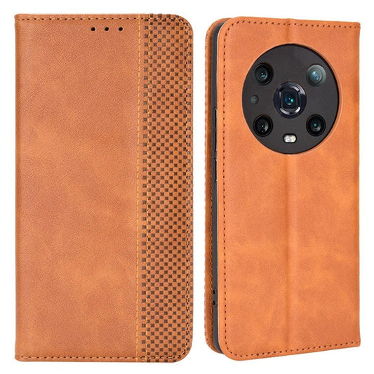 For Honor Magic4 Pro Vintage PU Leather Magnetic Auto-absorbed Flip Cover Wallet Stand Shockproof Full Body Protective Phone Case - Brown