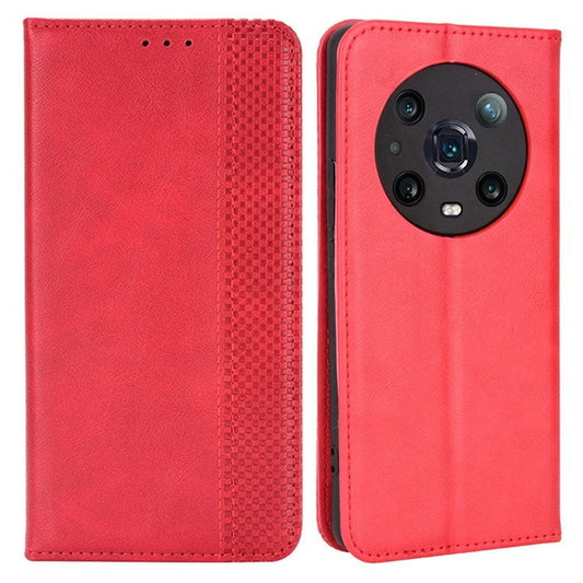 For Honor Magic4 Pro Vintage PU Leather Magnetic Auto-absorbed Flip Cover Wallet Stand Shockproof Full Body Protective Phone Case - Red