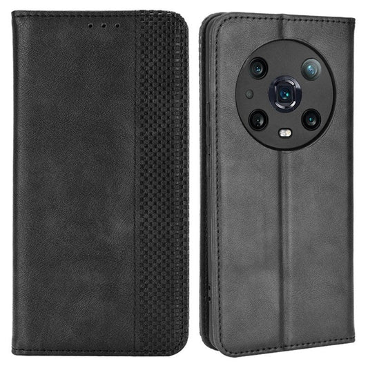 For Honor Magic4 Pro Vintage PU Leather Magnetic Auto-absorbed Flip Cover Wallet Stand Shockproof Full Body Protective Phone Case - Black