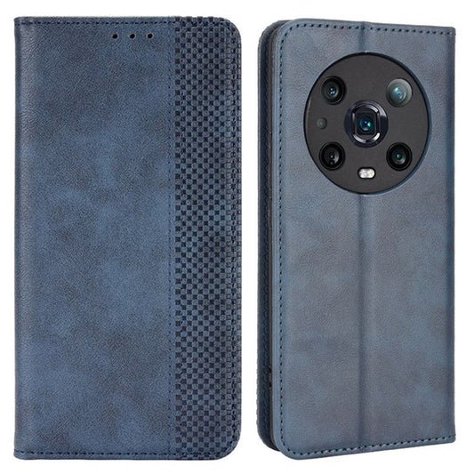 For Honor Magic4 Pro Vintage PU Leather Magnetic Auto-absorbed Flip Cover Wallet Stand Shockproof Full Body Protective Phone Case - Blue