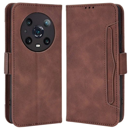 Multiple Card Slots PU Leather Phone Case for Honor Magic4 Pro 5G, Wallet Stand Double Magnetic Clasp Cover - Brown