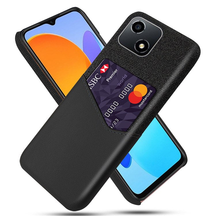 For Honor Play 30 5G Anti-fall Phone Cover Card Holder Shockproof Cloth Texture PU Leather Coated PC Phone Case - Black