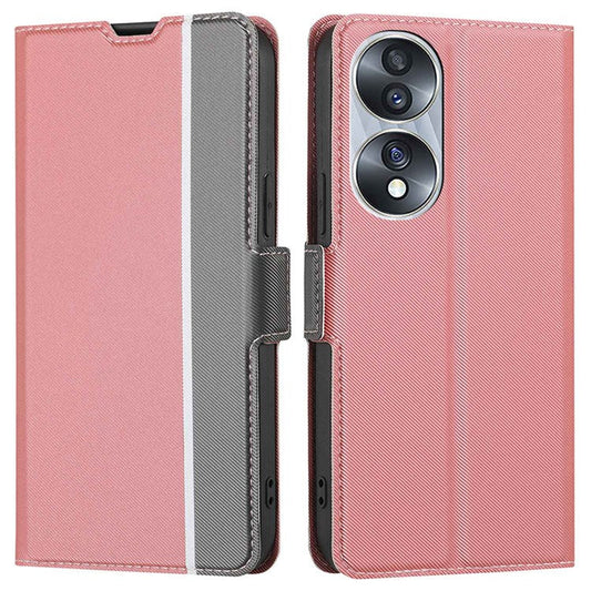 For Honor 70 5G Twill Texture Ultra-thin Phone Shell Full Covering Protective Cellphone Case PU Leather+TPU Stand Card Holder Function - Pink
