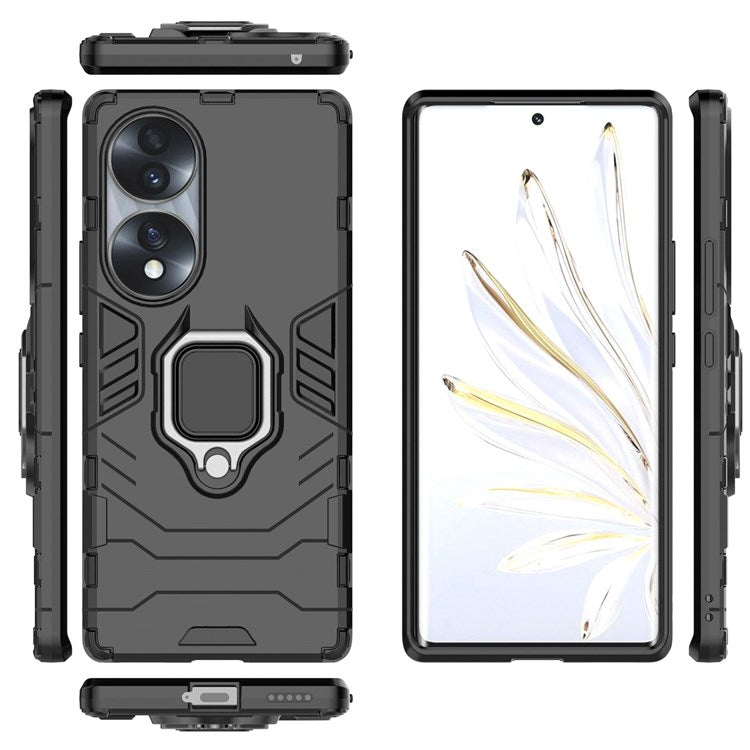 For Honor 70 5G TPU+PC Anti-fall Protective Phone Case Military Grade Armor Ring Holder Kickstand Back Shell - Black