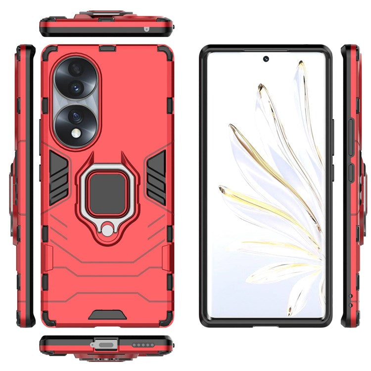 For Honor 70 5G TPU+PC Anti-fall Protective Phone Case Military Grade Armor Ring Holder Kickstand Back Shell - Red