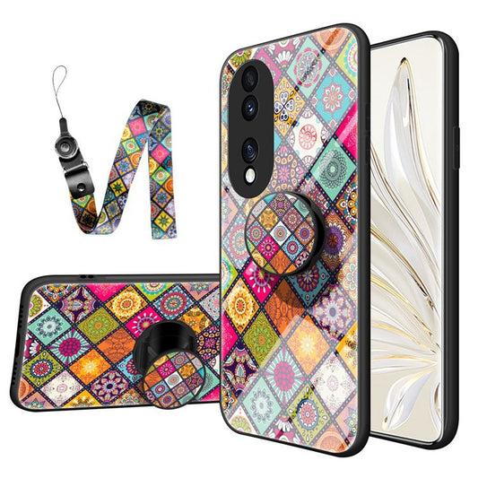 For Honor 70 5G Anti-fall Flower Pattern Tempered Glass + Hard PC Back Phone Case Soft TPU Kickstand Protective Cover with Lanyard - Color Pattern
