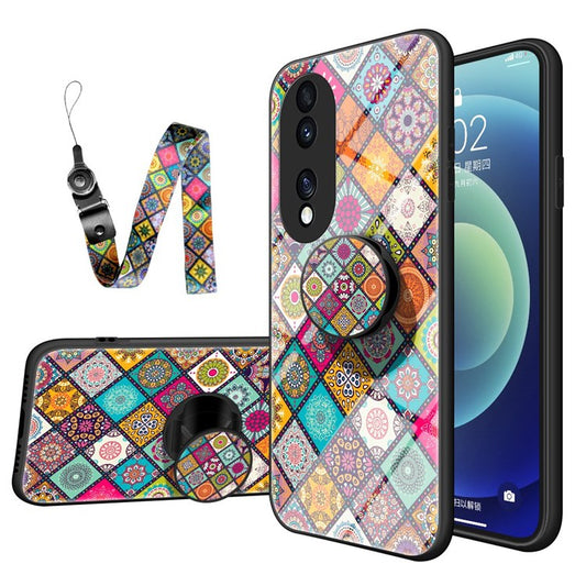 For Honor 70 5G Anti-fall Flower Pattern Tempered Glass + Hard PC Back Phone Case Soft TPU Kickstand Protective Cover with Lanyard - Checkered Pattern