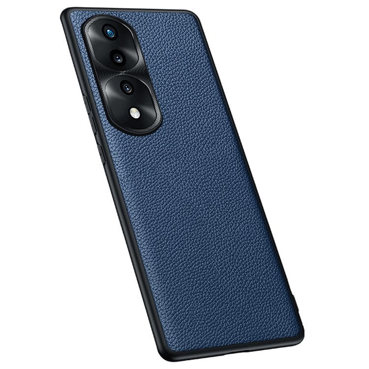 Metal Lens Cover Phone Case for Honor 70 5G, Litchi Texture Precise Cutout Genuine Cowhide Leather + TPU Cover - Sapphire
