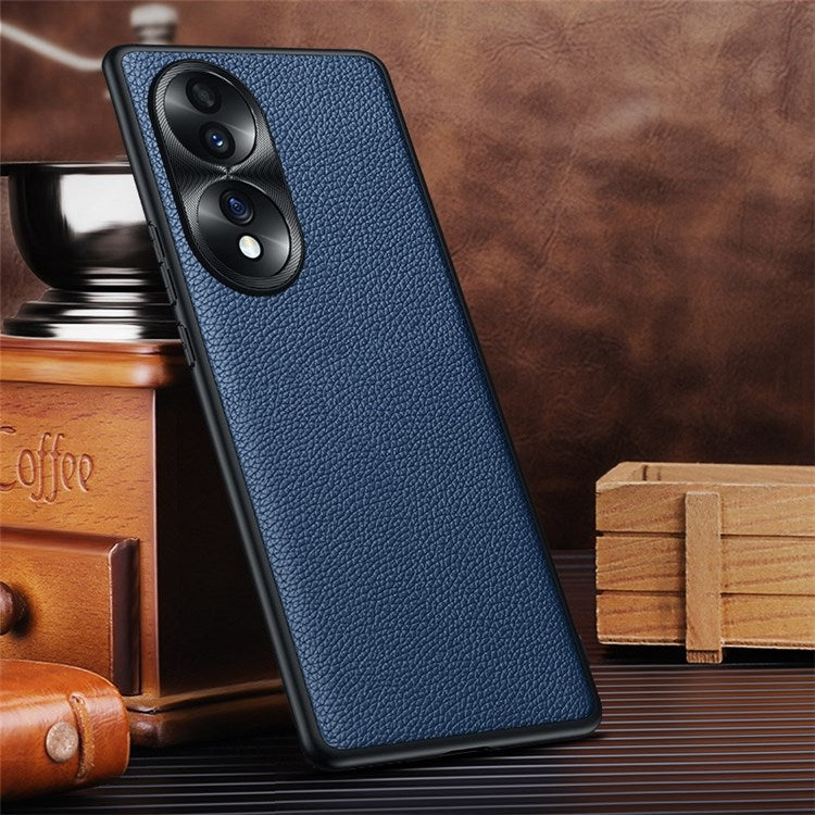 Metal Lens Cover Phone Case for Honor 70 5G, Litchi Texture Precise Cutout Genuine Cowhide Leather + TPU Cover - Sapphire