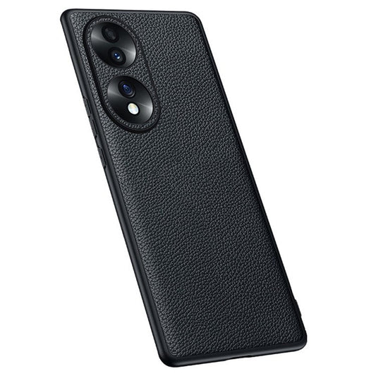 Camera Lens Protection Litchi Texture Case for Honor 70 5G, Genuine Cowhide Leather Coated TPU Cover - Black