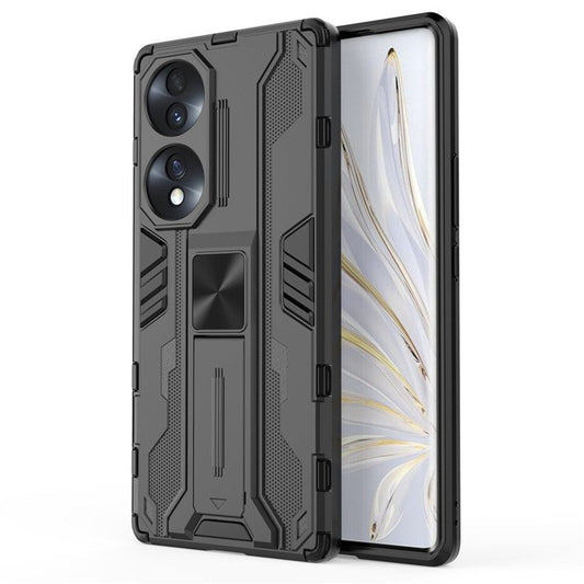 For Honor 70 5G Phone Case Kickstand Hard PC Soft TPU Dual Layer Anti-Slip Rugged Protective Cover - Black