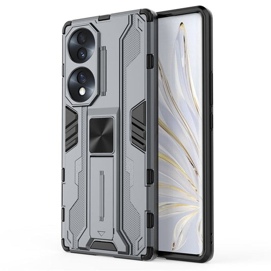For Honor 70 5G Phone Case Kickstand Hard PC Soft TPU Dual Layer Anti-Slip Rugged Protective Cover - Grey