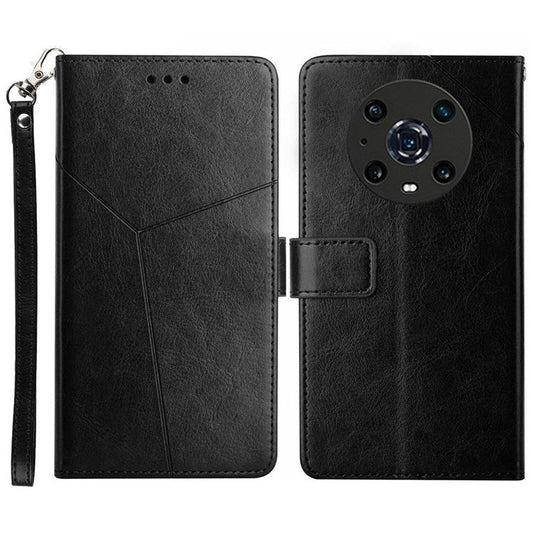 For Honor Magic4 Pro 5G Imprinted Y-Shaped Lines Drop-proof PU Leather Flip Shell Wallet Stand Magnetic Closure Shockproof Folio Case with Strap - Black