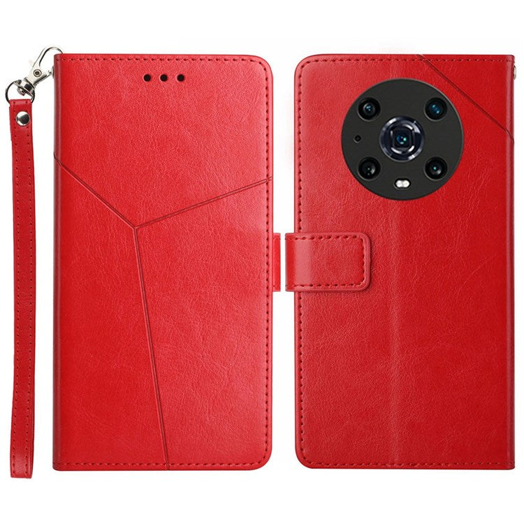 For Honor Magic4 Pro 5G Imprinted Y-Shaped Lines Drop-proof PU Leather Flip Shell Wallet Stand Magnetic Closure Shockproof Folio Case with Strap - Red