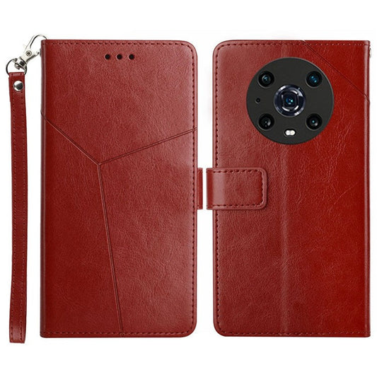 For Honor Magic4 Pro 5G Imprinted Y-Shaped Lines Drop-proof PU Leather Flip Shell Wallet Stand Magnetic Closure Shockproof Folio Case with Strap - Brown