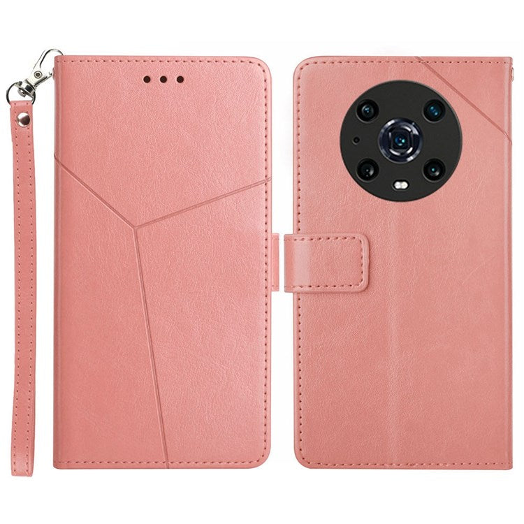 For Honor Magic4 Pro 5G Imprinted Y-Shaped Lines Drop-proof PU Leather Flip Shell Wallet Stand Magnetic Closure Shockproof Folio Case with Strap - Pink