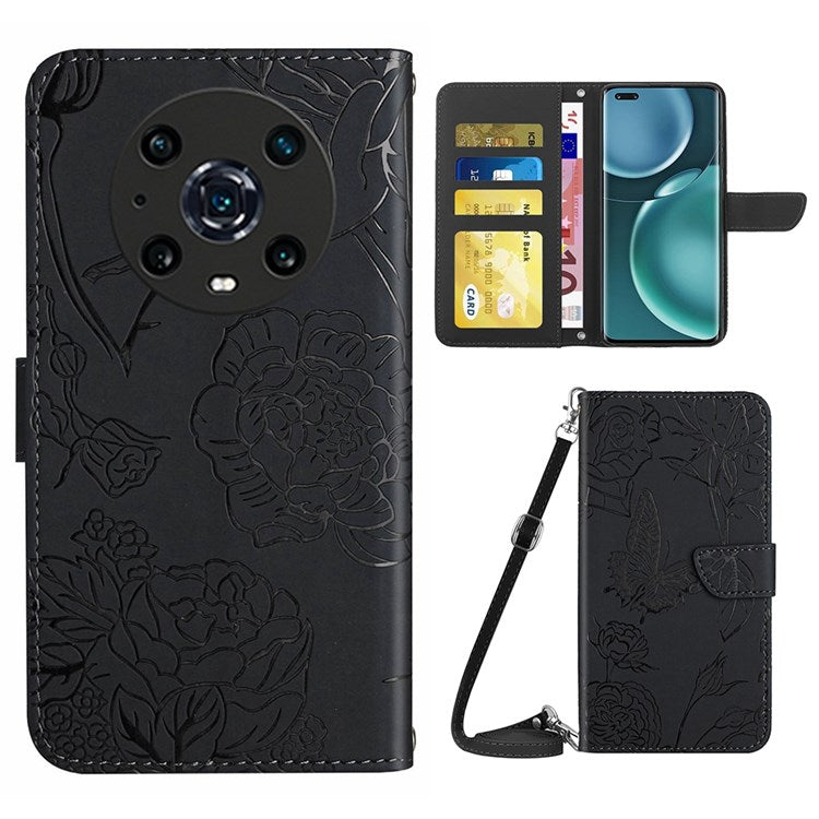 For Honor Magic4 Pro 5G Anti-fall Shockproof Flip Leather Case Butterfly Flowers Pattern Imprinted Wallet Scratch-proof Phone Cover Stand with Shoulder Strap - Black