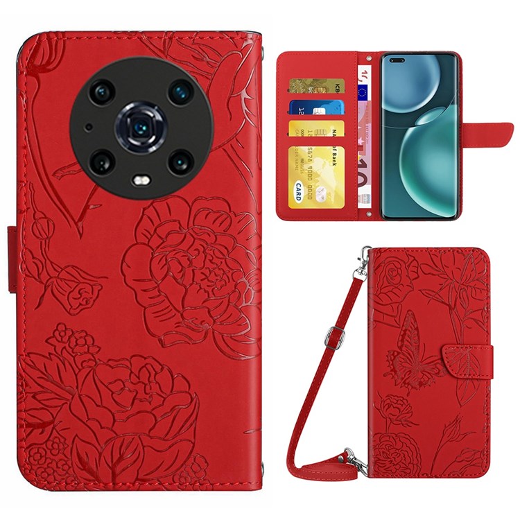 For Honor Magic4 Pro 5G Anti-fall Shockproof Flip Leather Case Butterfly Flowers Pattern Imprinted Wallet Scratch-proof Phone Cover Stand with Shoulder Strap - Red