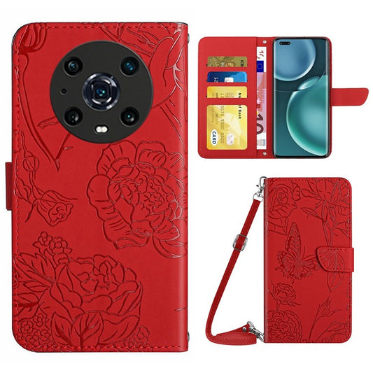 For Honor Magic4 Pro 5G Anti-fall Shockproof Flip Leather Case Butterfly Flowers Pattern Imprinted Wallet Scratch-proof Phone Cover Stand with Shoulder Strap - Red