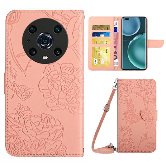 For Honor Magic4 Pro 5G Anti-fall Shockproof Flip Leather Case Butterfly Flowers Pattern Imprinted Wallet Scratch-proof Phone Cover Stand with Shoulder Strap - Pink