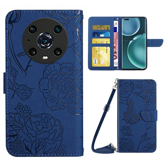 For Honor Magic4 Pro 5G Anti-fall Shockproof Flip Leather Case Butterfly Flowers Pattern Imprinted Wallet Scratch-proof Phone Cover Stand with Shoulder Strap - Blue