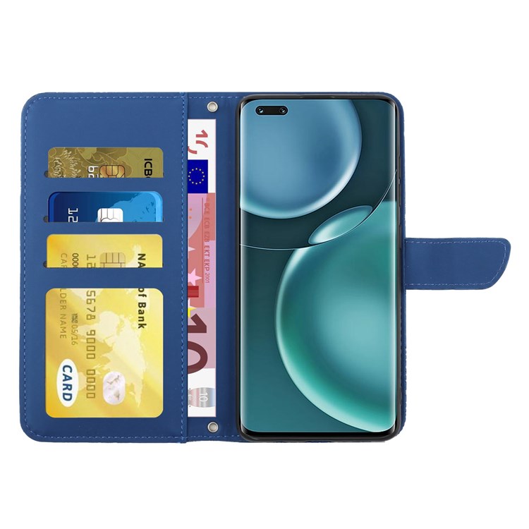 For Honor Magic4 Pro 5G Anti-fall Shockproof Flip Leather Case Butterfly Flowers Pattern Imprinted Wallet Scratch-proof Phone Cover Stand with Shoulder Strap - Blue