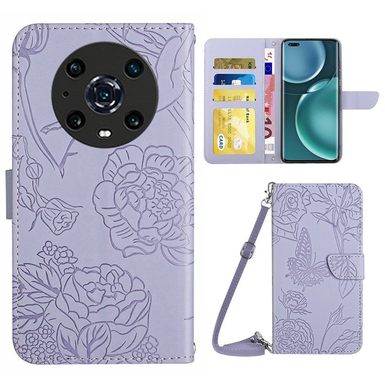 For Honor Magic4 Pro 5G Anti-fall Shockproof Flip Leather Case Butterfly Flowers Pattern Imprinted Wallet Scratch-proof Phone Cover Stand with Shoulder Strap - Light Purple